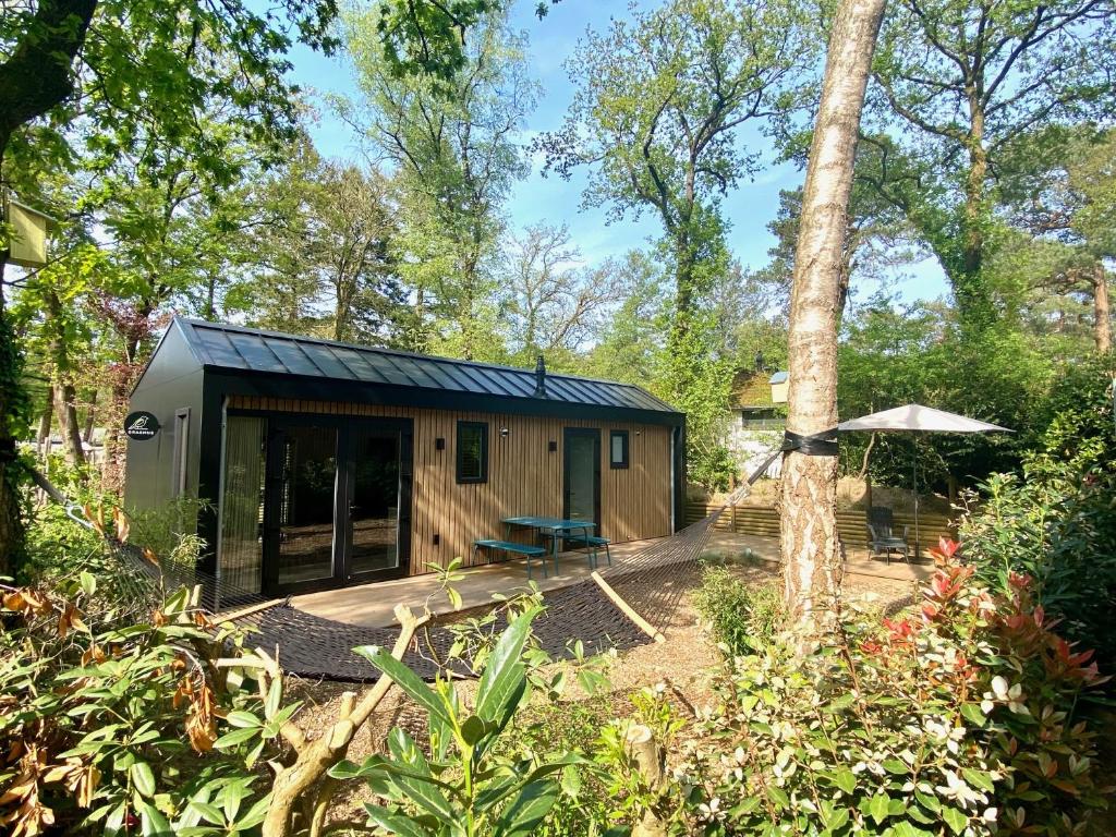 una casita en el bosque con patio en Tinyhouse Grasmus, en Nunspeet