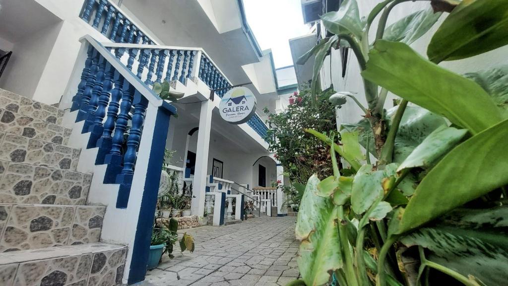 ein Gebäude mit blauen und weißen Wänden und Pflanzen in der Unterkunft Galera Pension House in Balatero