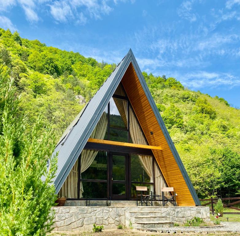 a house with a triangular roof on a hill at Rural Retreat Transylvania in Gura Rîului