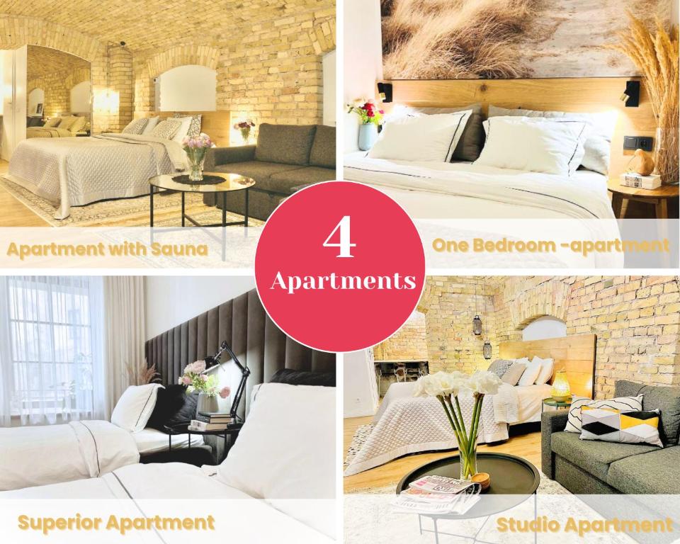 a collage of photos of a bedroom and a living room at Tomy Old Town Apartments in Vilnius