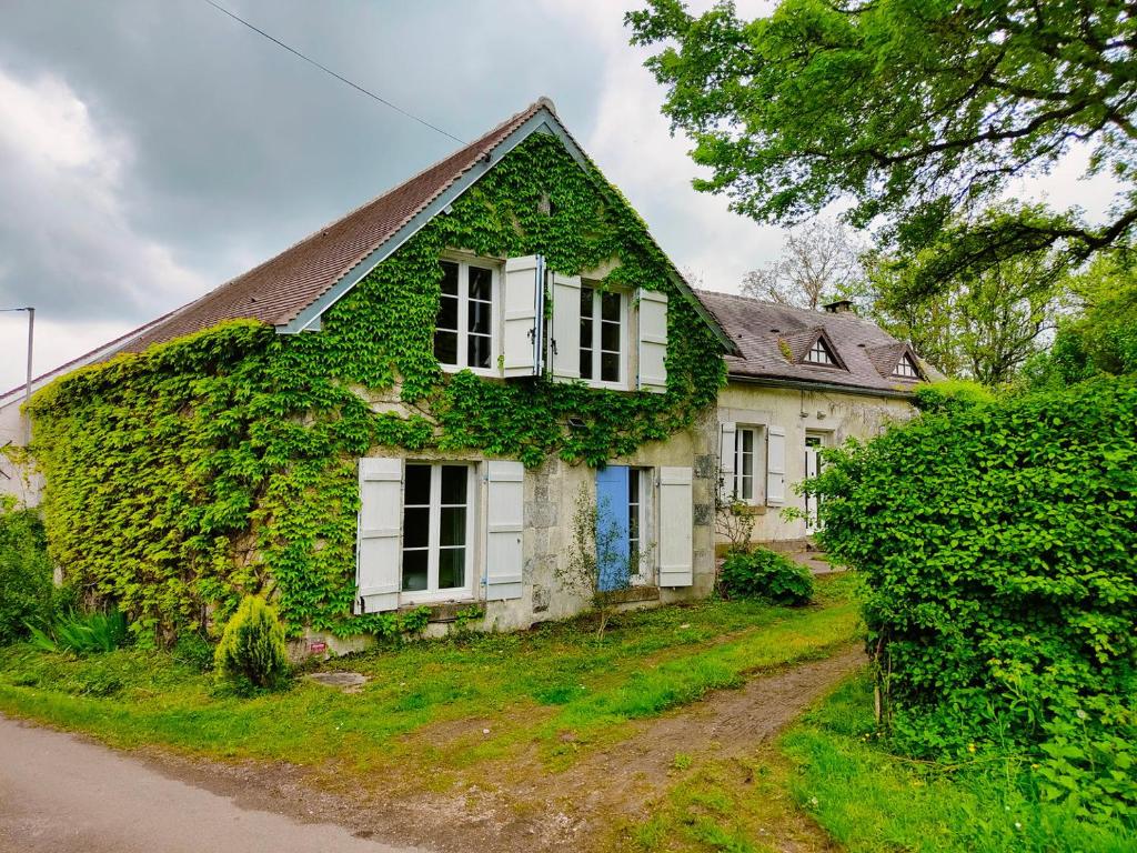 una casa vieja cubierta de hiedra al lado de una calle en Home - Chastenay - Séjour à Ouanne, en Ouanne