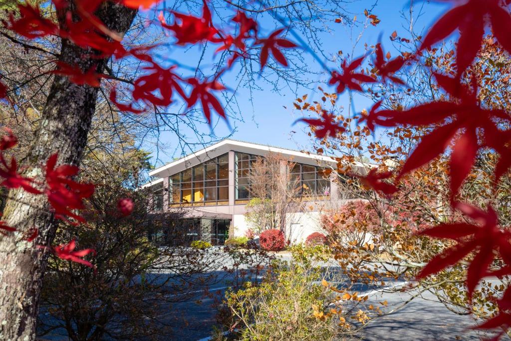 富士河口湖的住宿－Motosu Phoenix Hotel，前方有红花的建筑