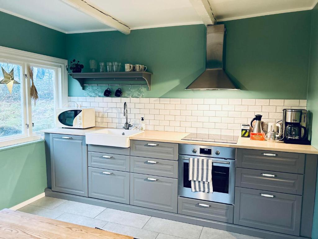 a kitchen with green walls and a stove top oven at Stuga på hästgård in Svenstorp