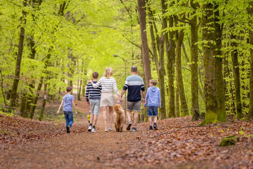 Una famiglia che cammina lungo un sentiero con un cane di Ardennen Camping Bertrix a Bertrix