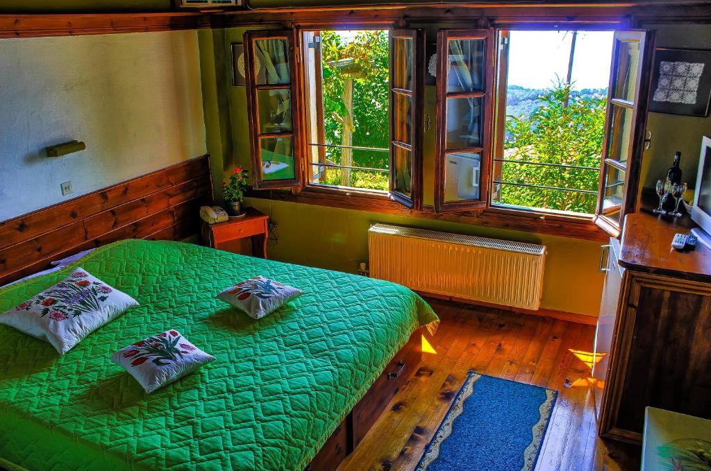 a bedroom with a green bed in a room with windows at Hotel Stoikos in Vyzitsa