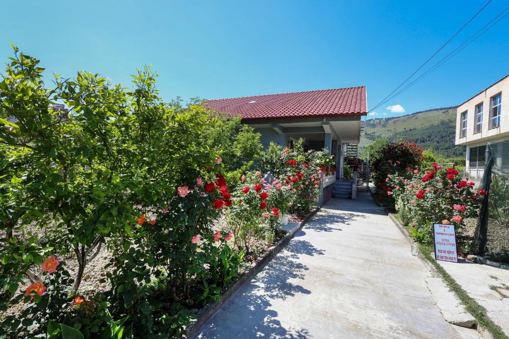 a garden of flowers in front of a building at Samuela Cozy Retreat in Berat