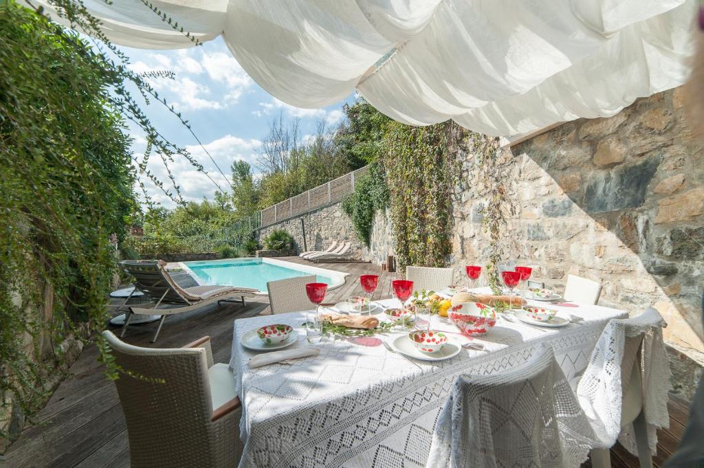 a table with wine glasses on it next to a pool at Villa Aurea in Lovere