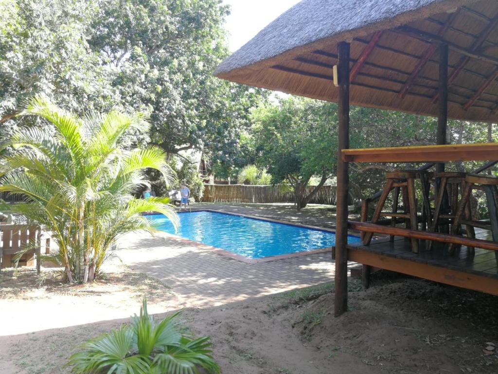 a swimming pool with a bench and an umbrella at Utshwayelo Kosi Bay Mouth Lodge & Camp in Manguzi