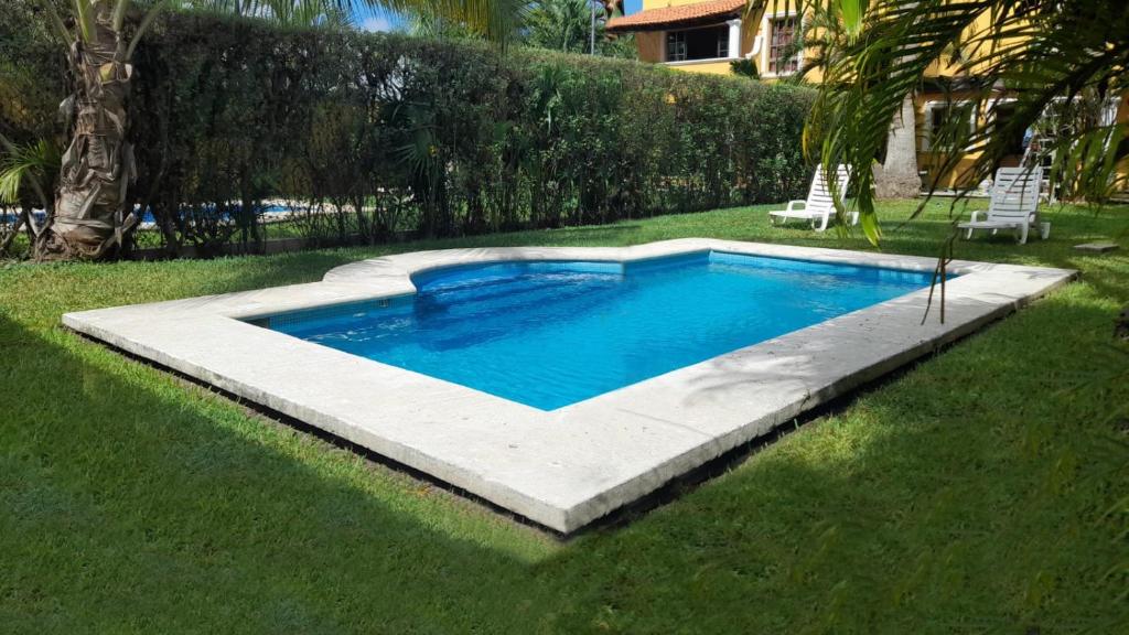 ein Pool im Gras mit zwei Gartenstühlen in der Unterkunft La Maison BLEUE in Cancún