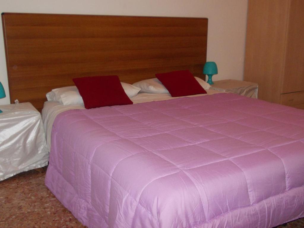 特雷維索的住宿－旅行者住宿加早餐旅館，一张紫色的床,上面有两个红色枕头