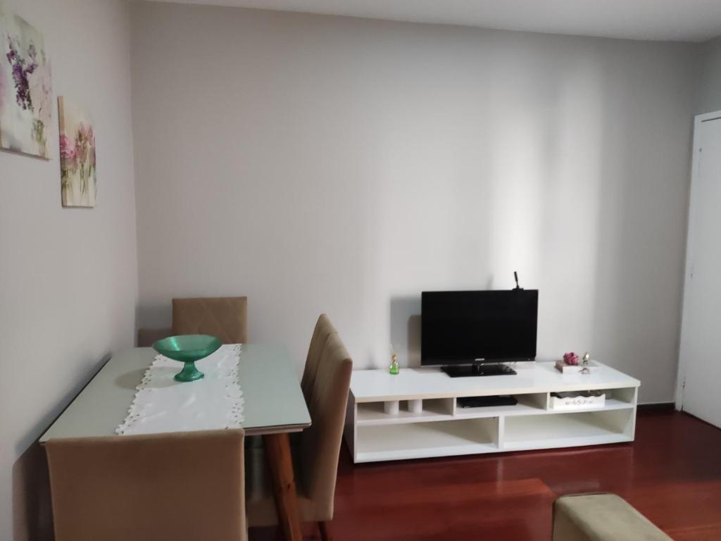 a living room with a table with a tv on it at Apto com suíte, garagem, localização privilegiada in Belo Horizonte