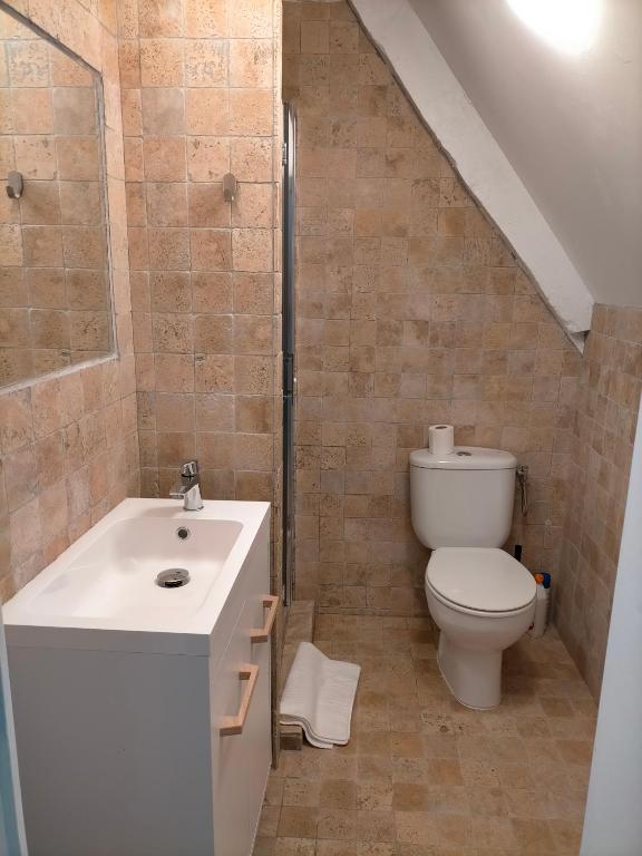 a bathroom with a toilet and a sink at Le 1 St Yves Studios in Tréguier