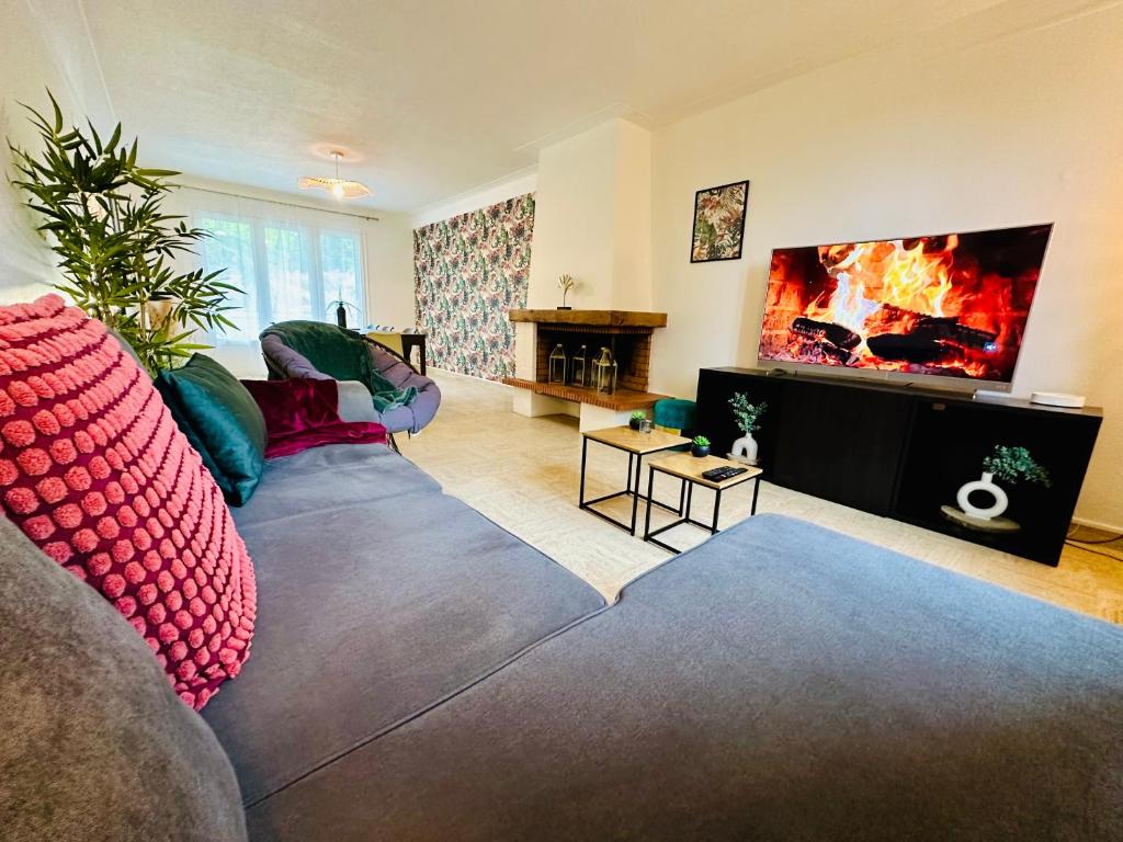 un salon avec un canapé et une cheminée dans l'établissement Maison Le M - Disneyland Parking, à Chessy