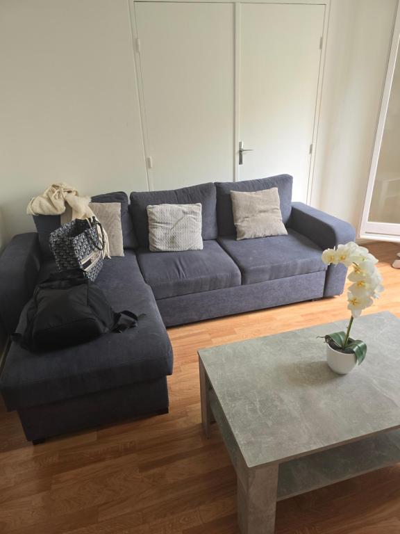 ein Wohnzimmer mit einem blauen Sofa und einem Tisch in der Unterkunft 10min from Paris 3 bedrooms parking in Asnières-sur-Seine