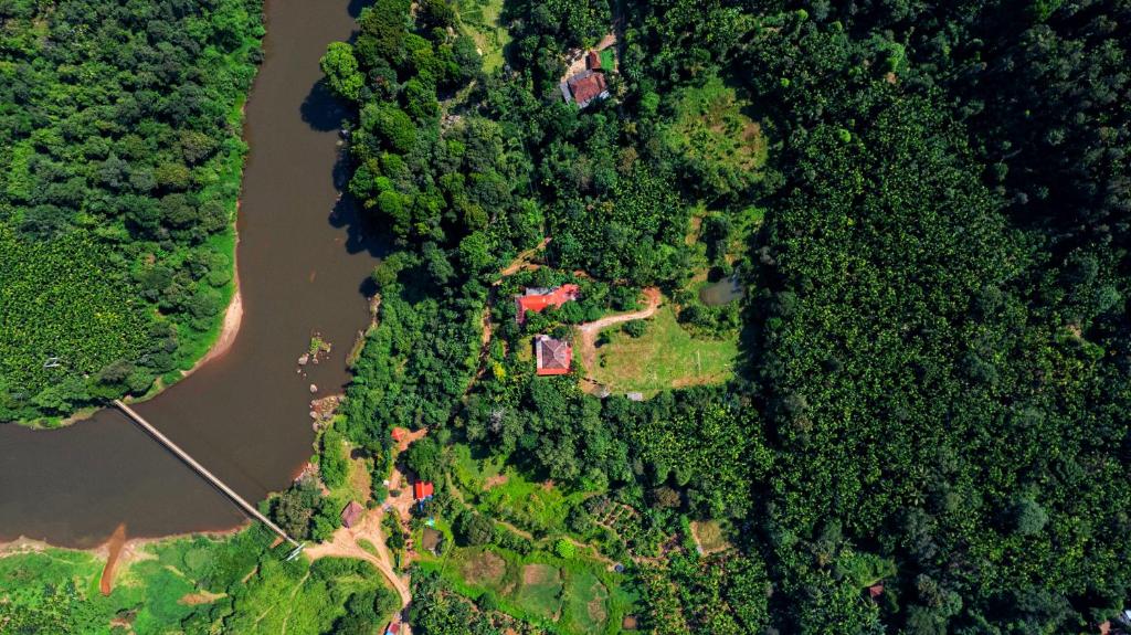 an aerial view of a river and trees at Isiri river side stay in Kalasa