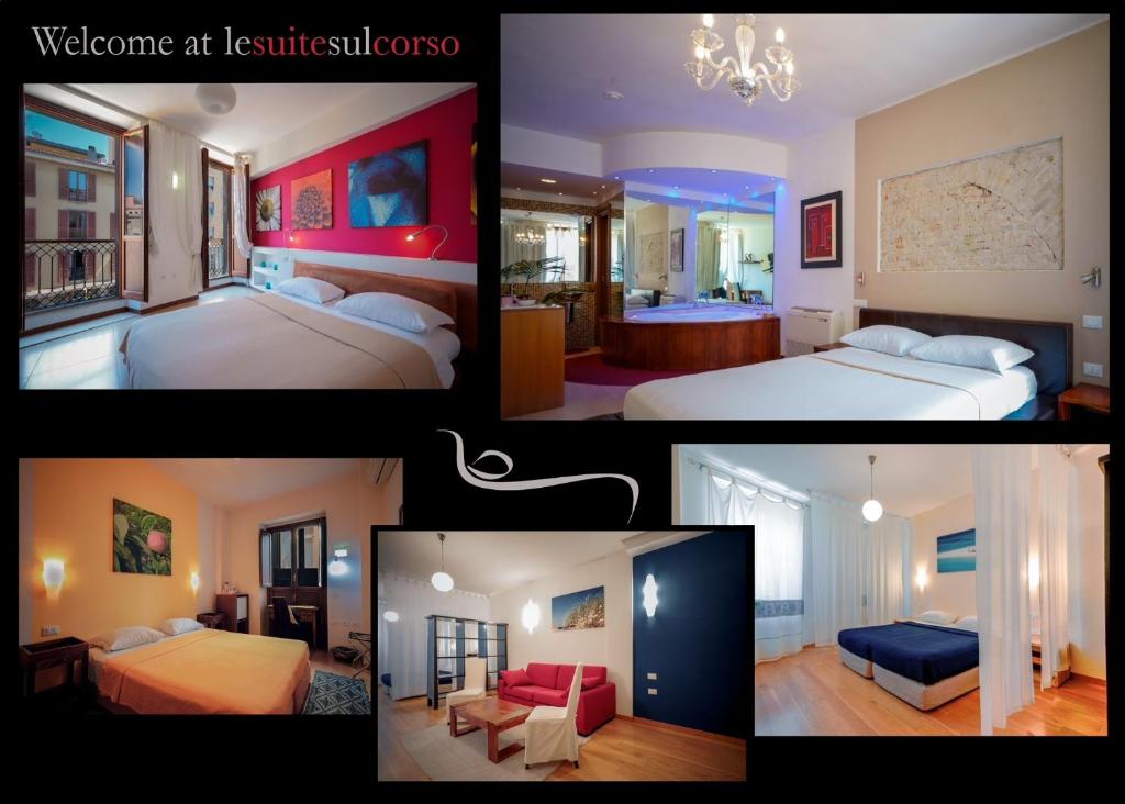 un collage de quatre photos d'une chambre d'hôtel dans l'établissement Le Suite Sul Corso, à Cagliari