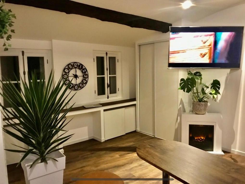 ein Wohnzimmer mit einer Uhr und einem Kamin in der Unterkunft Studio de charme - coeur de ville in Perpignan