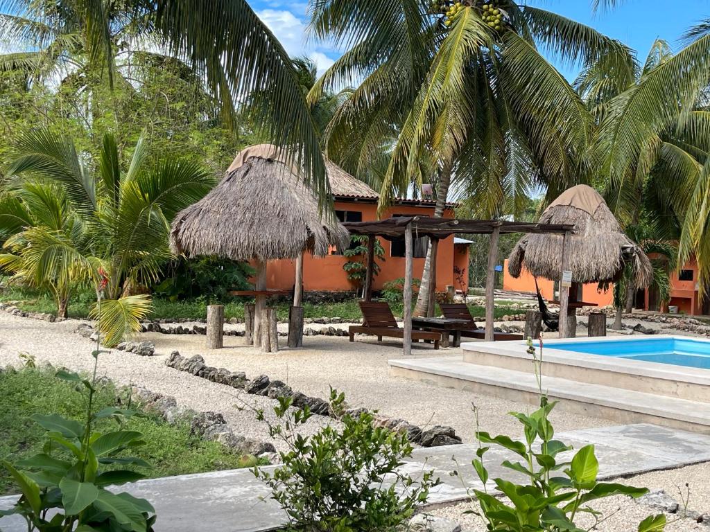 um resort com piscina e palmeiras em Bacalar Sunshine em Bacalar