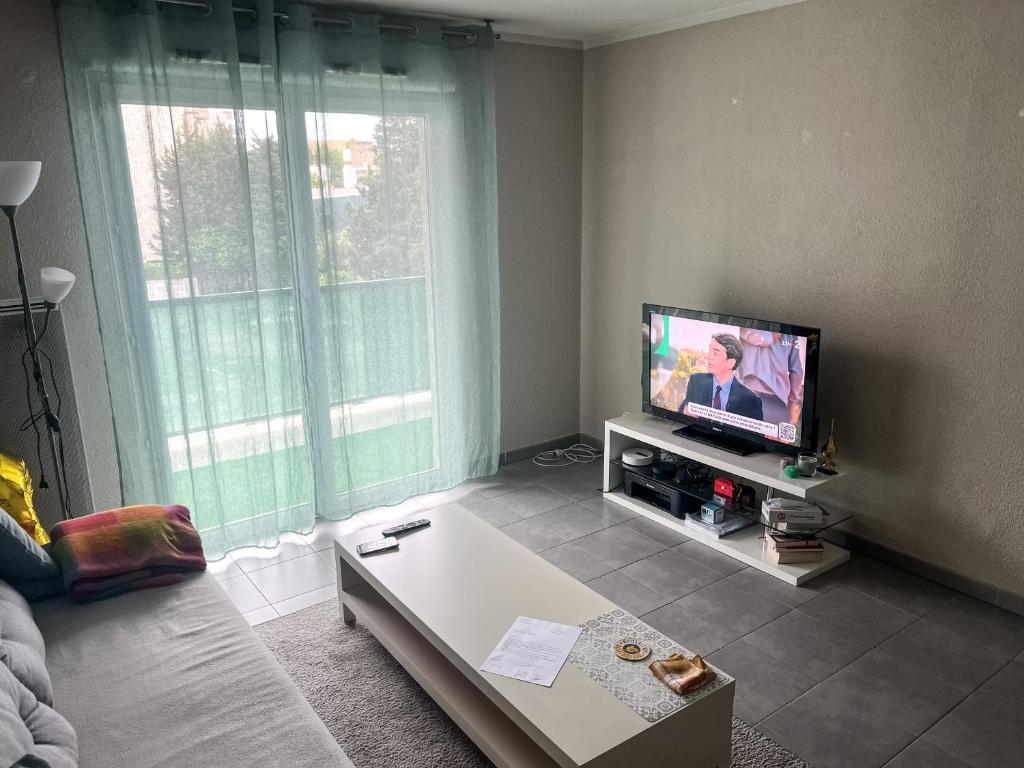 a living room with a tv and a coffee table at Joli appartement T2 in Montpellier