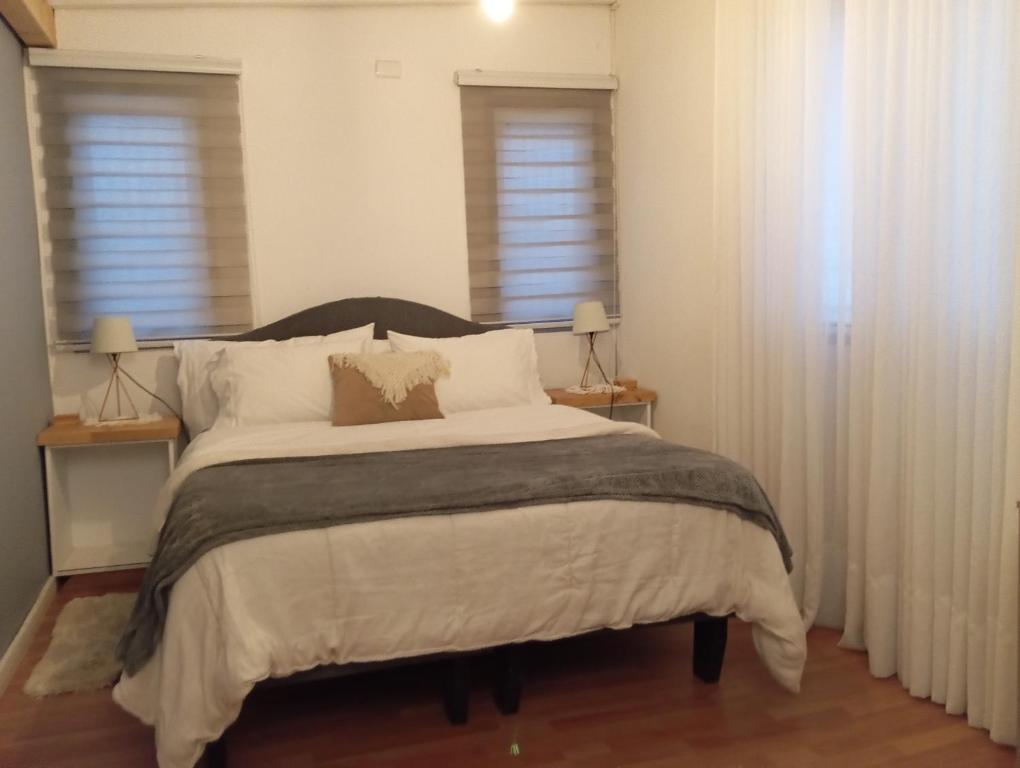 1 dormitorio con 1 cama grande con almohadas blancas en Cabañas Alto Centro, Departamento N 2, en La Unión