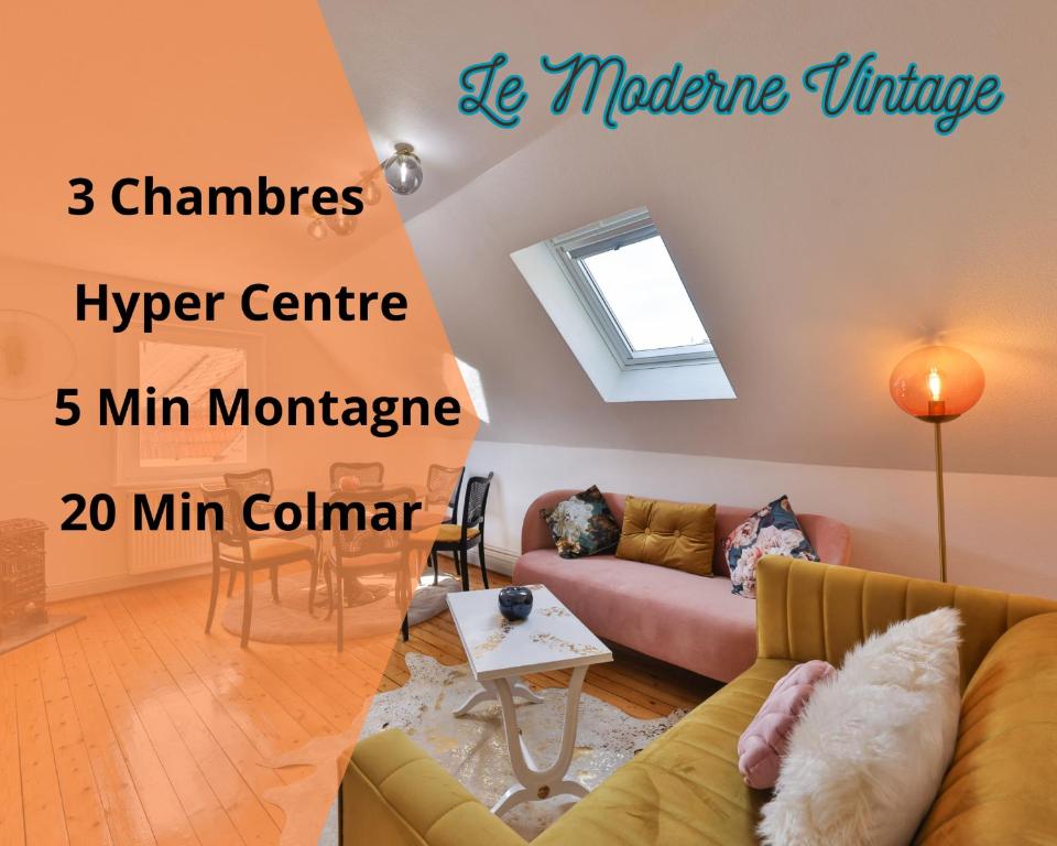salon z kanapą i świetlikiem w obiekcie Le Moderne Vintage Hyper Centre, vue cigognes, montagne, neuf au calme, 3 étoiles w mieście Munster