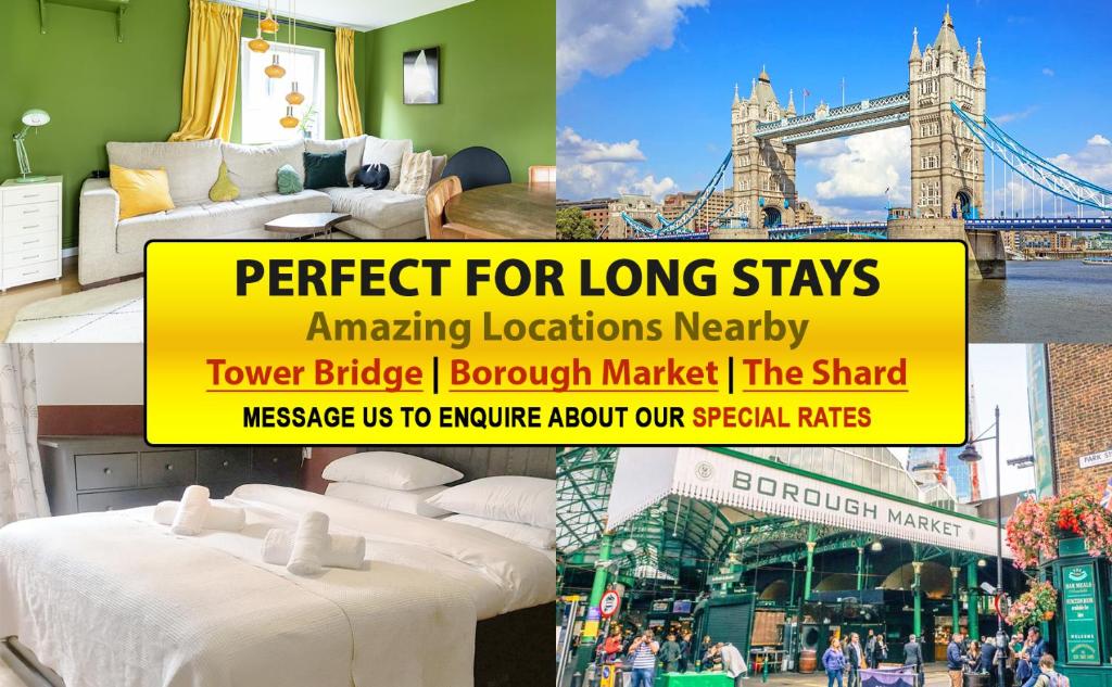 a collage of pictures of a living room with the tower bridge at 25 Percent OFF Monthly Stays, Business Family Sleeps 4, Best for Long Term Stays in London