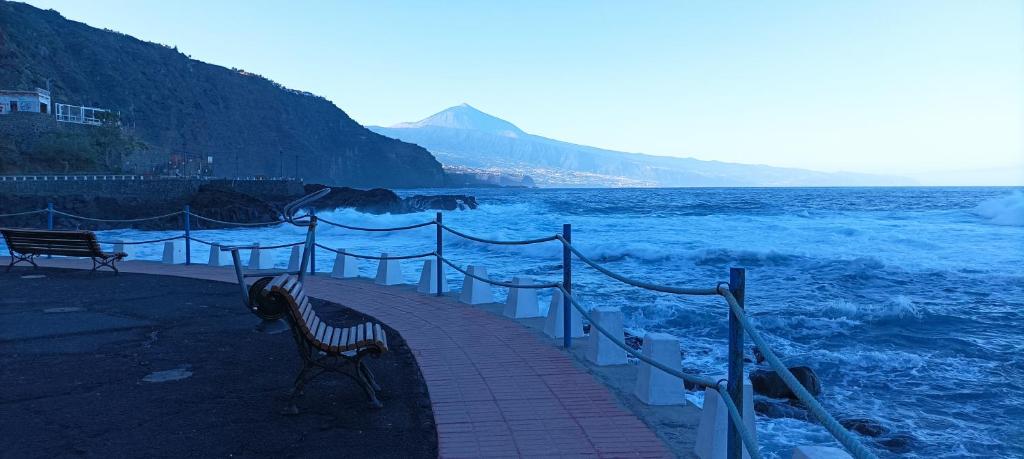 una panchina su un sentiero accanto a un corpo idrico di Beautiful Beach Corner a Santa Cruz de Tenerife