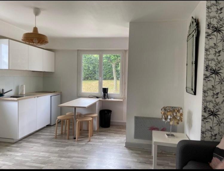 eine Küche mit einem Tisch und Stühlen im Zimmer in der Unterkunft Proche centre T2 avec Terrasse in Biarritz