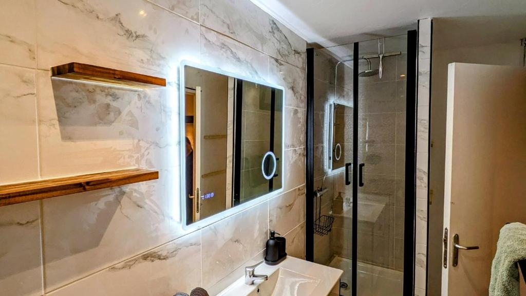 uma casa de banho com um lavatório, um chuveiro e um espelho. em Le Studio Cosy, centre historique, wifi, neuf em Grasse
