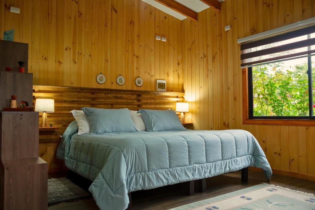 1 cama en un dormitorio de madera con ventana en Monoambiente Panguipulli, en Panguipulli