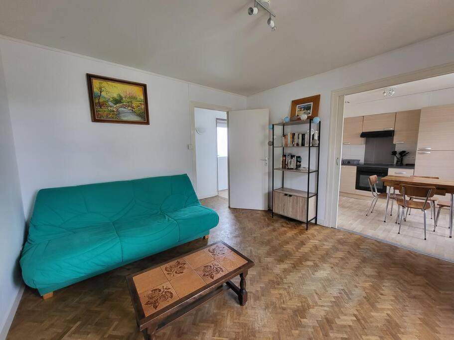 un salon avec un canapé vert et une table dans l'établissement La libellule Pelaude Appartement 4-6 personnes avec terrasse, à Eymoutiers