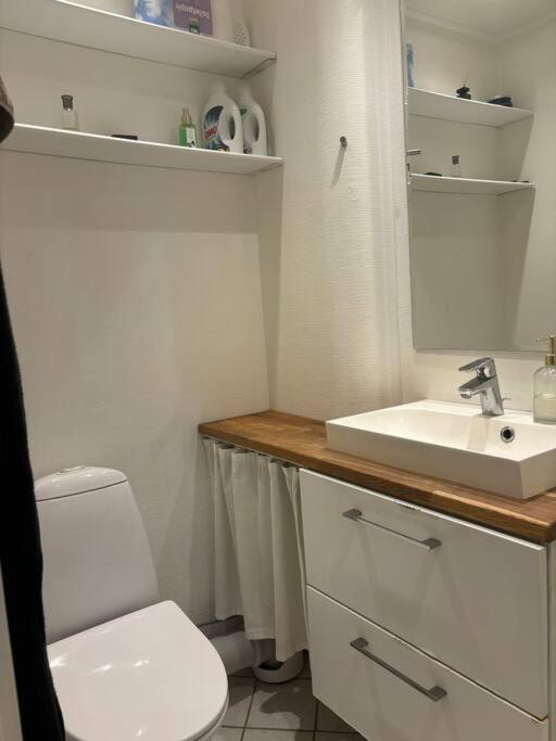 y baño con aseo blanco y lavamanos. en Centralt Lejlighed i Aalborg C - Budolfi, en Aalborg