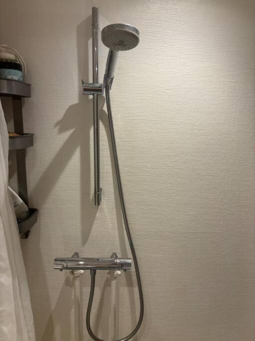 una ducha en la esquina de un baño en Centralt Lejlighed i Aalborg C - Budolfi, en Aalborg