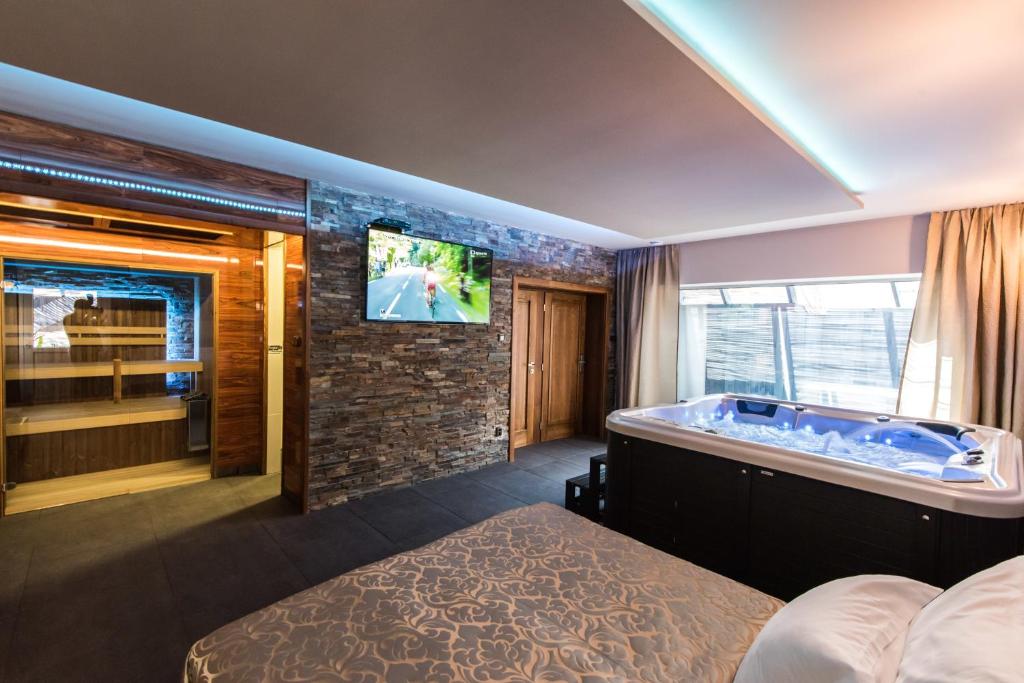 um quarto de hotel com uma banheira e uma televisão em Penzion Janová em Ostrava