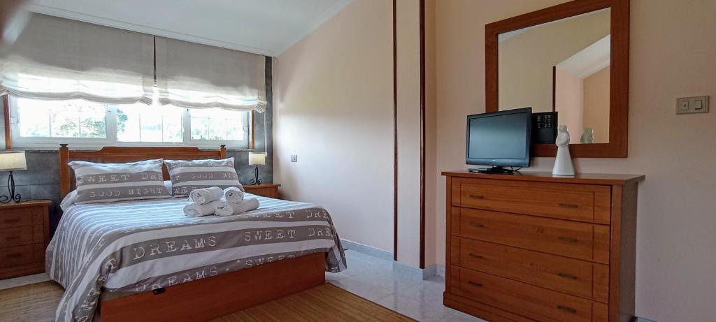 1 dormitorio con 1 cama con TV y vestidor en Apartamento en las afueras en Ribadeo