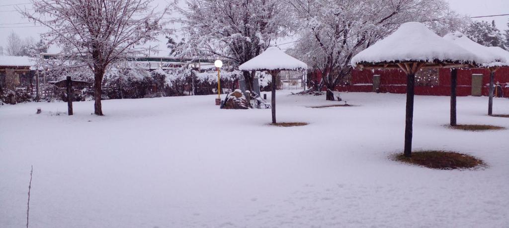 a park covered in snow with trees and umbrellas at Complejo Solitudine in Cacheuta