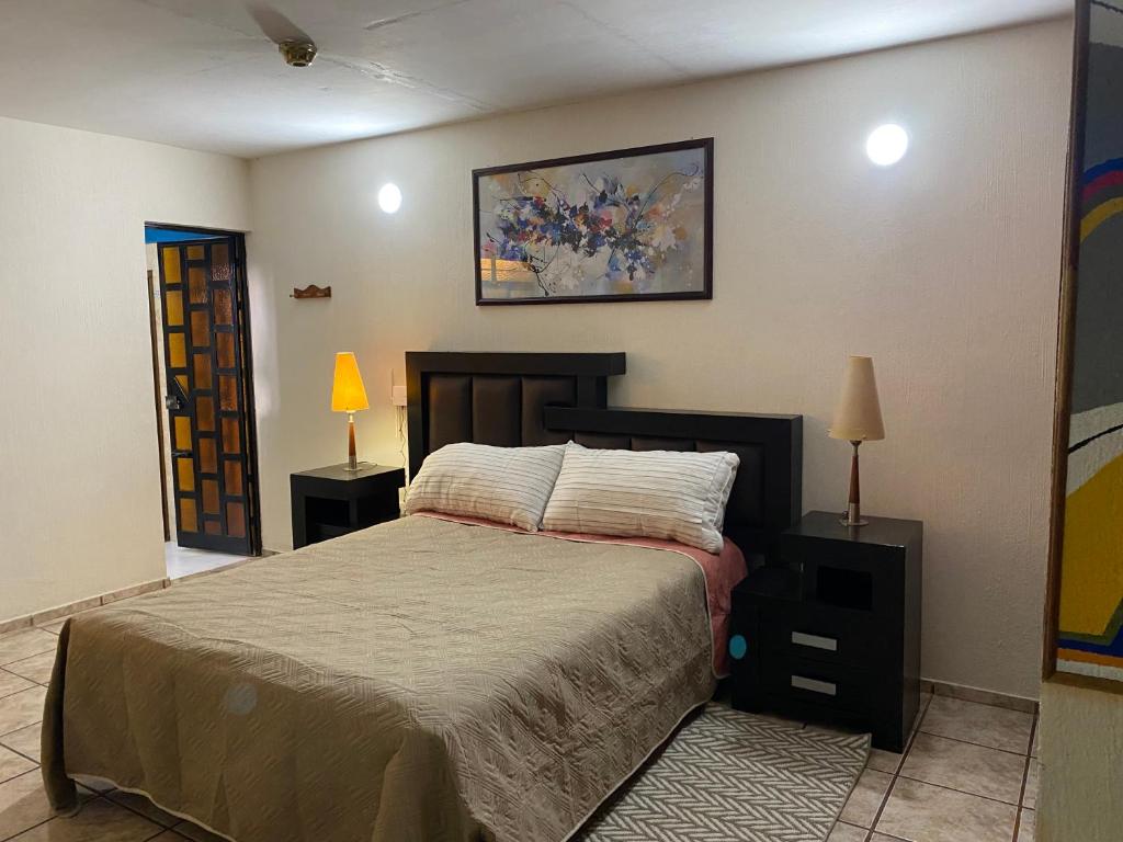 1 dormitorio con 1 cama, 2 lámparas y una pintura en Casa Jirafa., en Guadalajara