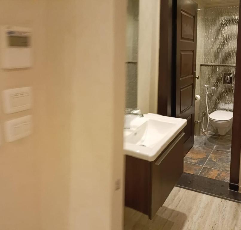 een badkamer met een wastafel en een toilet bij LUXURY APARTMENT Dokki in Caïro
