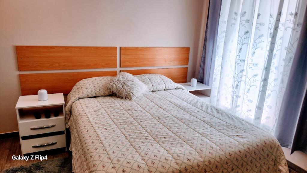 La Molina的住宿－Mini Departamento Acogedor，一间卧室配有一张带木制床头板的床和窗户。
