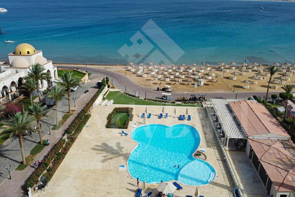 an aerial view of the beach and the ocean at Apartment with private Beach in Sahl Hasheesh in Hurghada