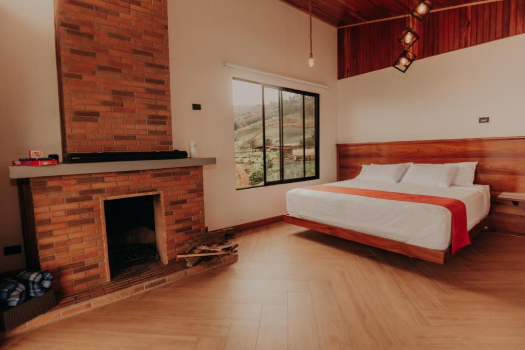 ein Schlafzimmer mit einem Bett und einem Kamin in der Unterkunft Sereno Vista in Santa Cruz