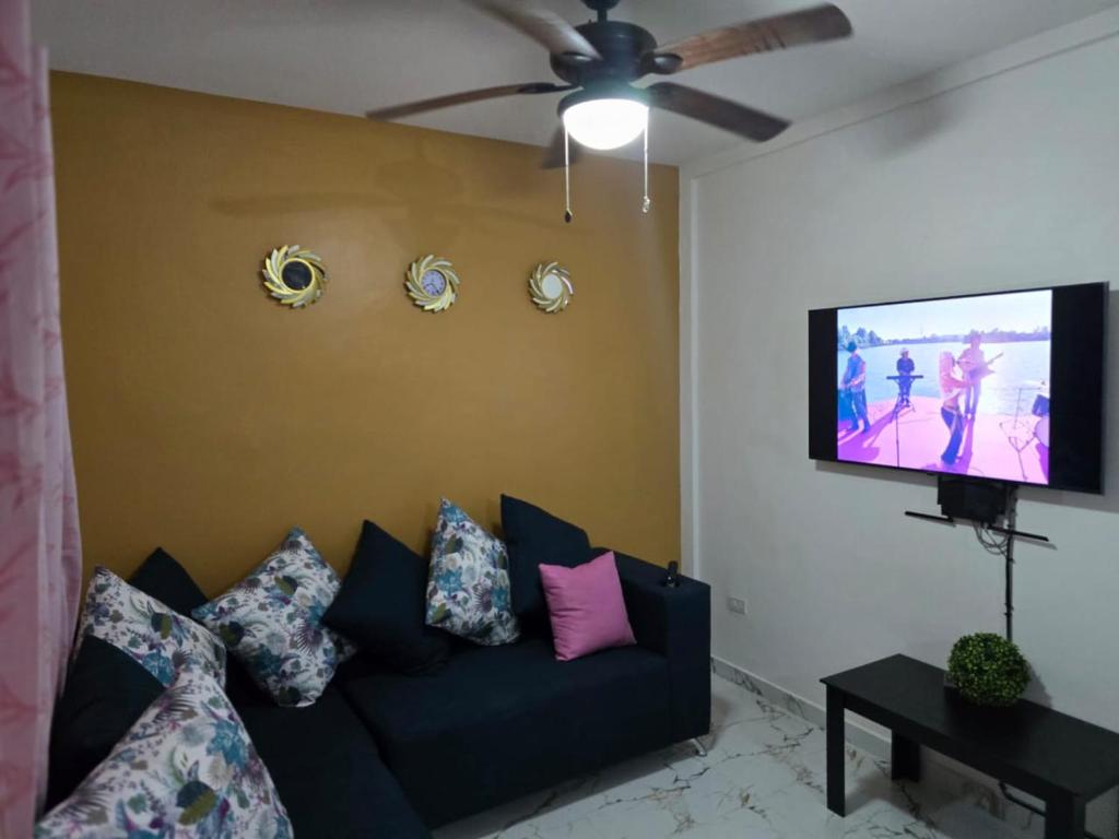 Il comprend un salon doté d'un canapé et d'une télévision à écran plat. dans l'établissement Cozy private APT in La Ceiba, à La Ceiba