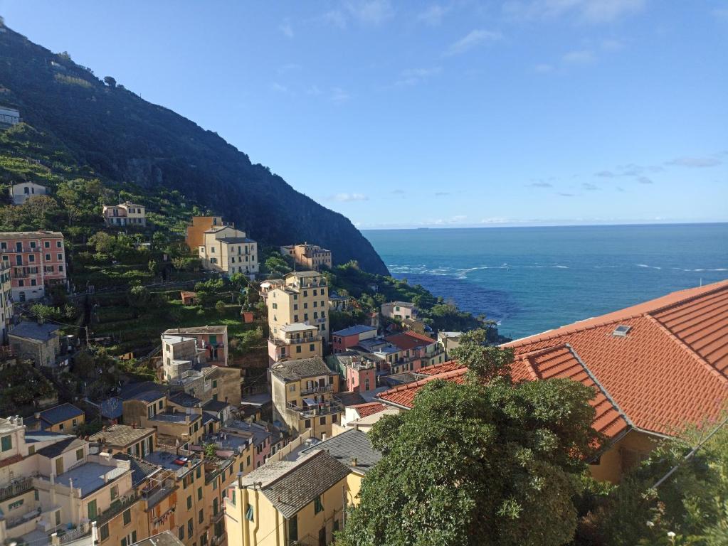 una vista aerea di una città con l'oceano di Appartamento Giovanna a Riomaggiore