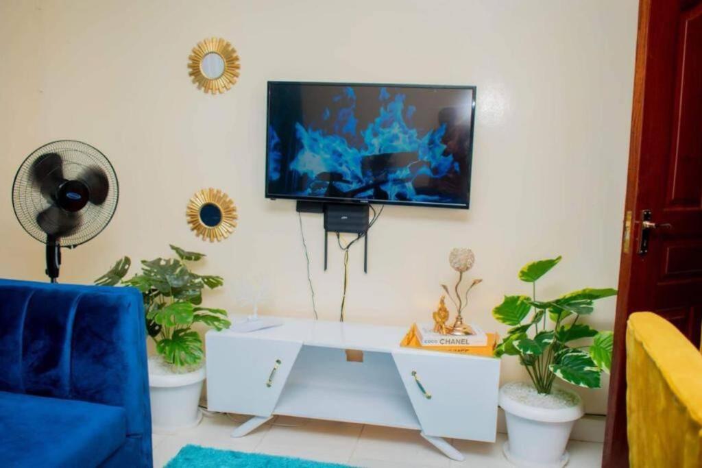 een woonkamer met een tv aan een muur met planten bij Kisumu 2bedroom in Kisumu