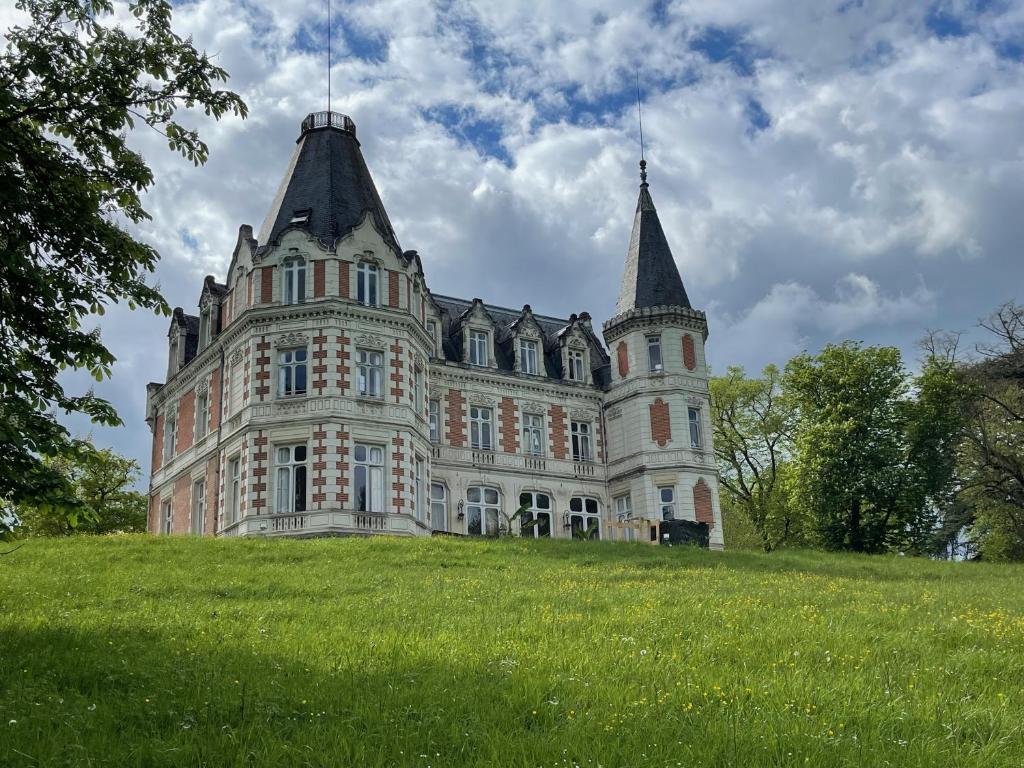 ein großes Schloss auf einem Grashügel in der Unterkunft Château De L'aubrière - Teritoria in Tours