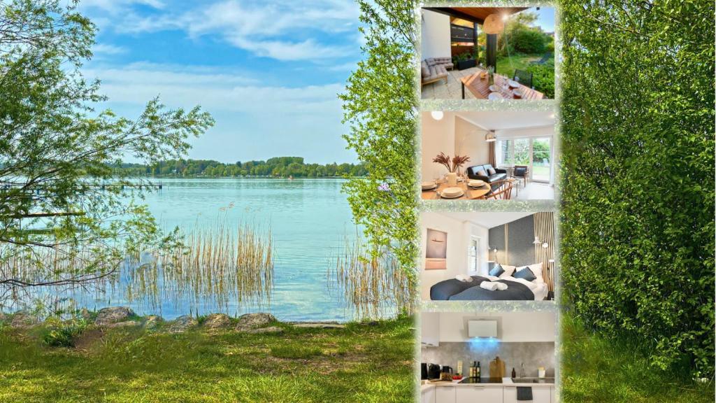 un collage de quatre images d'un lac dans l'établissement Snug Stays - Design Studio am See mit Terrasse, Garten, Badestelle vor dem Haus, à Wörthsee