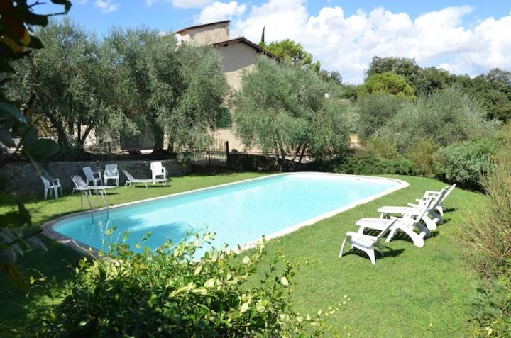 una piscina con sillas blancas y un montón de plantas en Villa Olivo, en Lastra a Signa