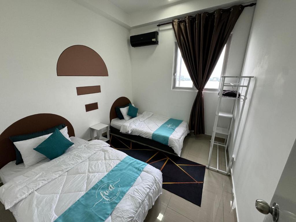 a bedroom with two beds and a window and a ladder at Skylake Residence Luxury Family Vacation in Puchong