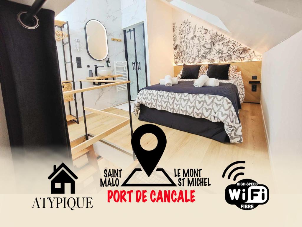 um poster de um quarto com uma cama e um espelho em L'Abri Du Port / MRODBnB em Cancale