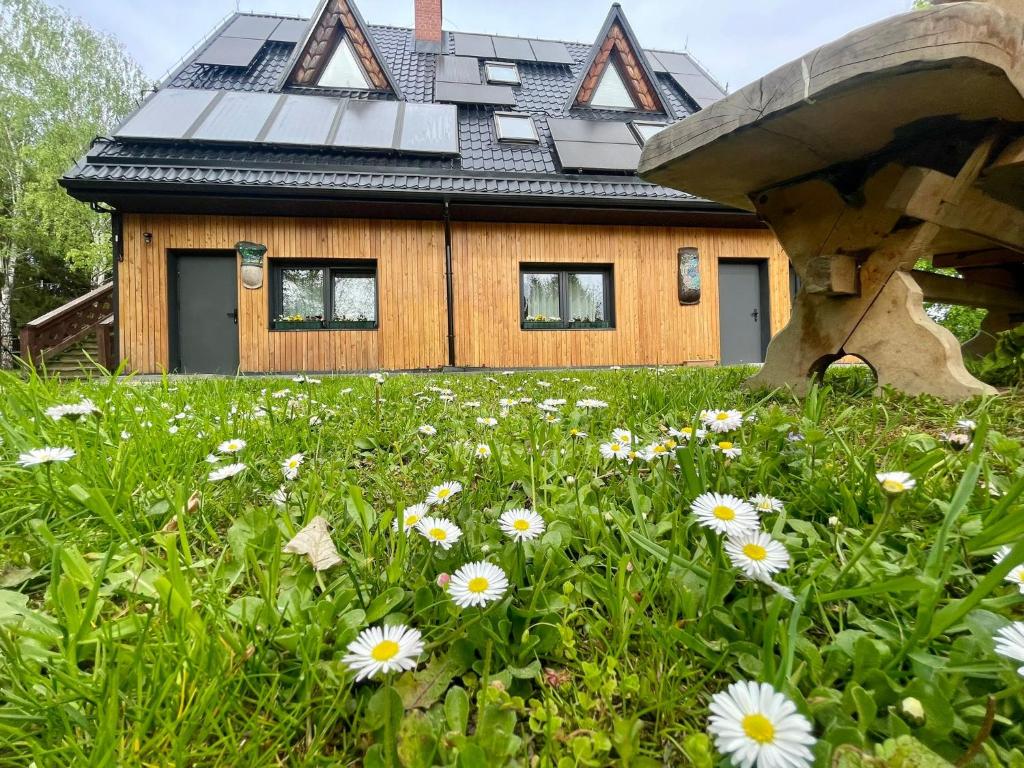 Pod Berdem في ويتلينا: منزل على سطح شمسي مع الزهور في المقدمة